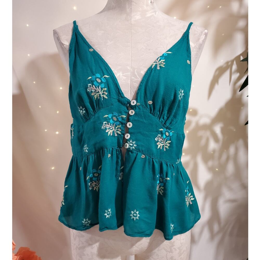 Free People Teal Embroidered Peplum Crop Top